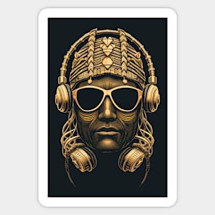 Vector Drawing - Golden Portrait of a Hip-Hop Artist in Headphones and Sunglasses. Sticker